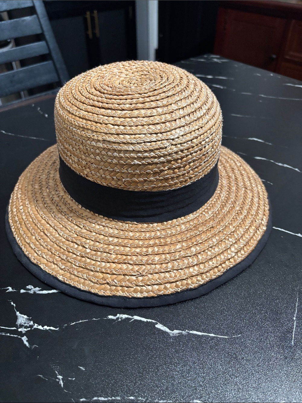 Natural Straw Sun Hat with Black Band and Trim